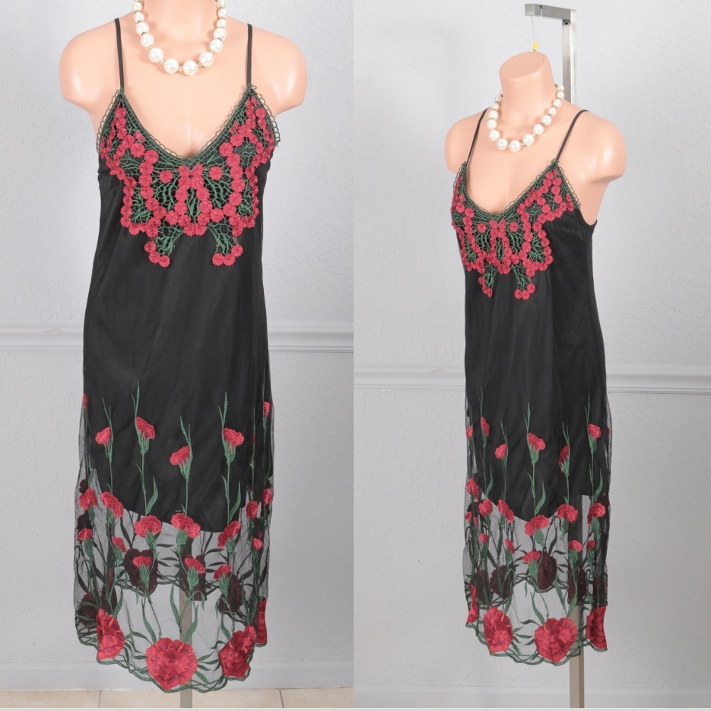 Red Rose Embroidered Semi Sheer Black Lace Dress